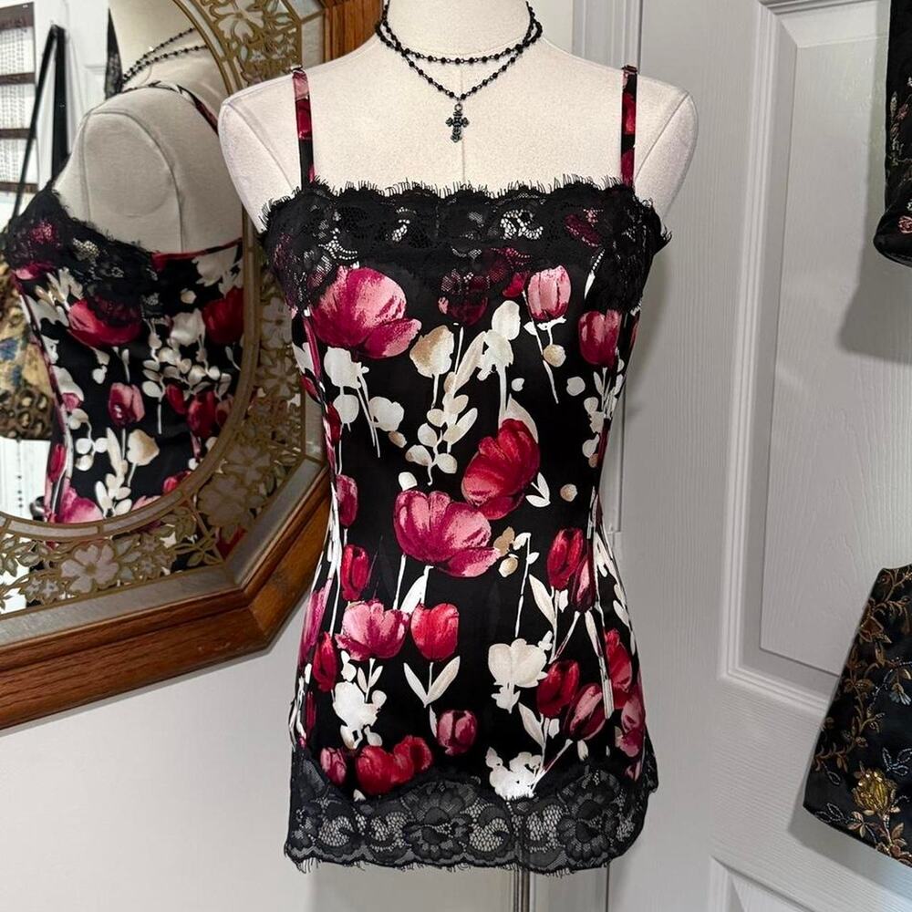 NWT White House Black Market Black, Pink & Ivory Silk Lace Trim Floral Cami Top